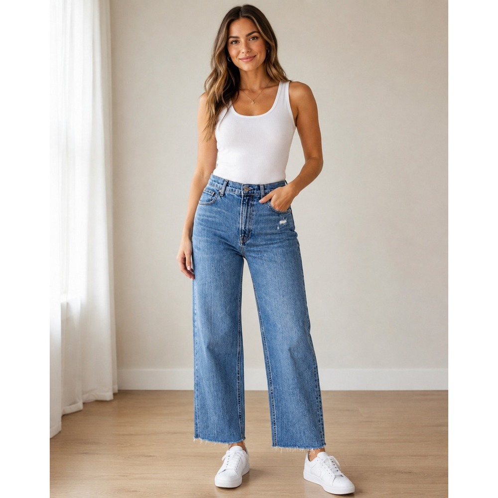 Everlane The Way High Jean Womens 27 Blue Cotton High Rise Raw Hem Distressed